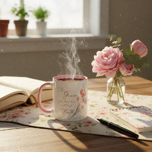 Taza Por gracia habéis sido salvados, floral rosa