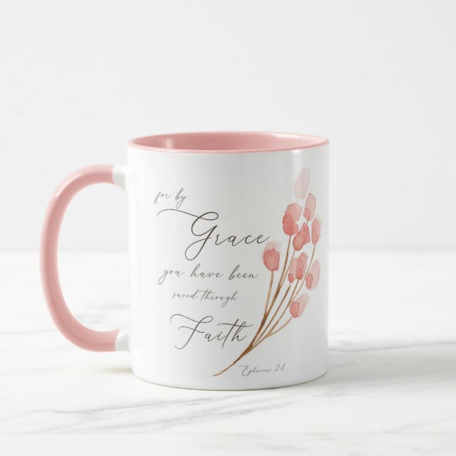 Taza Por gracia te han salvado, floral rosa (Izquierda)