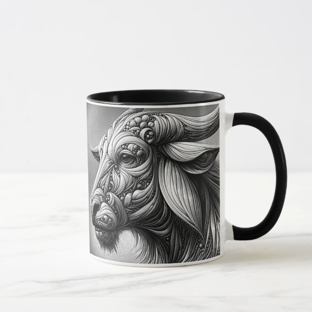 Taza Portrait en noir et blanc d'un buffle stylisé. (Derecha)