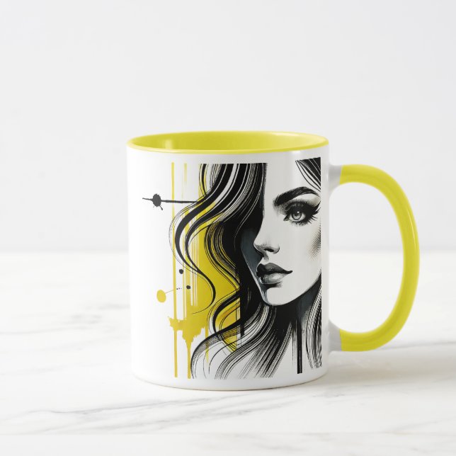 Taza Portrait stylisé noir et jaune d'une jeune femme. (Derecha)