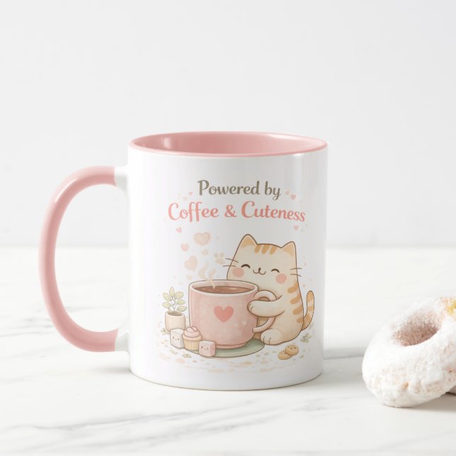 Taza Powered by Coffee and Cuteness Cute Cat Sweet Pink (Con donut)