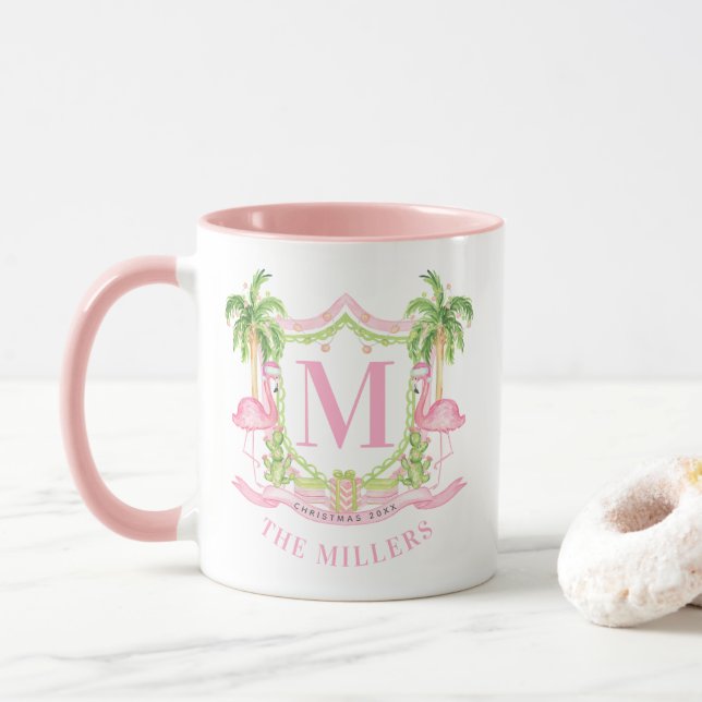 Taza Preppy Flamingo Christmas Monogram Crest (Con donut)
