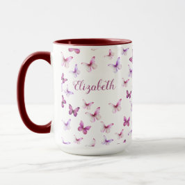 Taza Pretty Pink Butterflies Custom Name Colored Handle