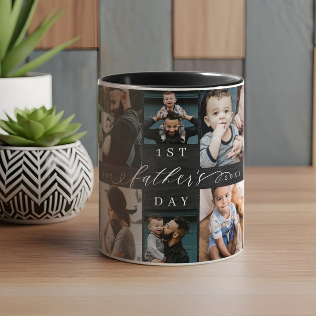 Taza Primer Collage de fotos del Día del Padre de los G (First Father's Day Black Woodgrain Photo Collage Mug)