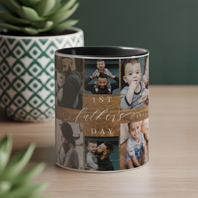 Taza Primer Collage de fotos rústico de madera en el Dí (First Father's Day Rustic Woodgrain Photo Collage Mug)