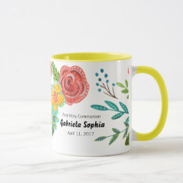Taza Primer floral de nombre personalizado de la comuni