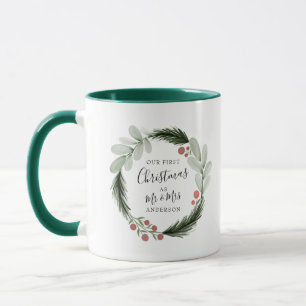 Taza Primera Navidad como Sr. y Sra. Wreath Holiday