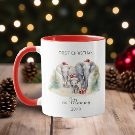 Taza Primera Navidad con mamá acuarela bebé elefante