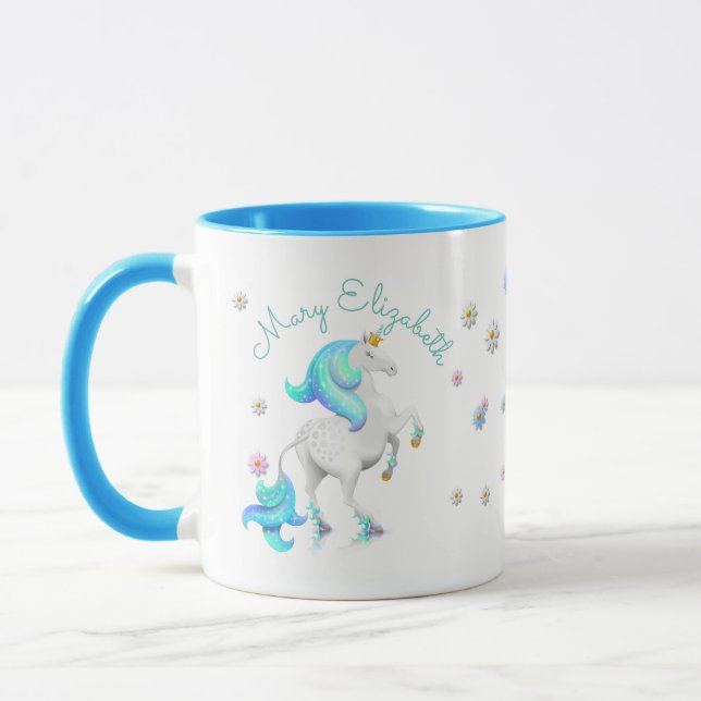 Taza Princesa azul turquesa de unicornio con corona dor (Izquierda)
