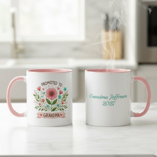 Taza Promoted to Grandma Mug - Watercolor Flowers (Grandma to be personalized coffee mug)