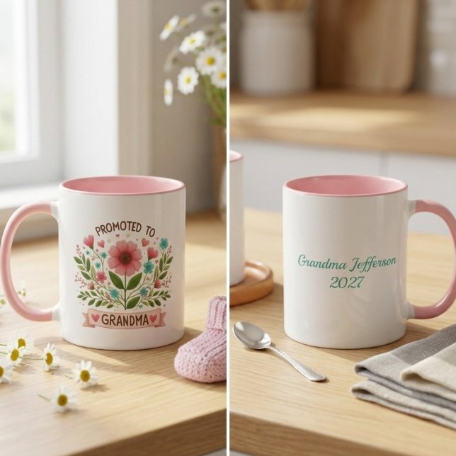 Taza Promoted to Grandma Mug - Watercolor Flowers (Grandma to be personalized coffee mug)
