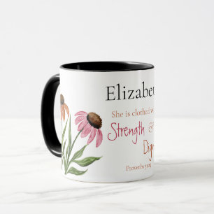 Taza Proverbios 31:25 Fuerza y Dignidad Fe Floral