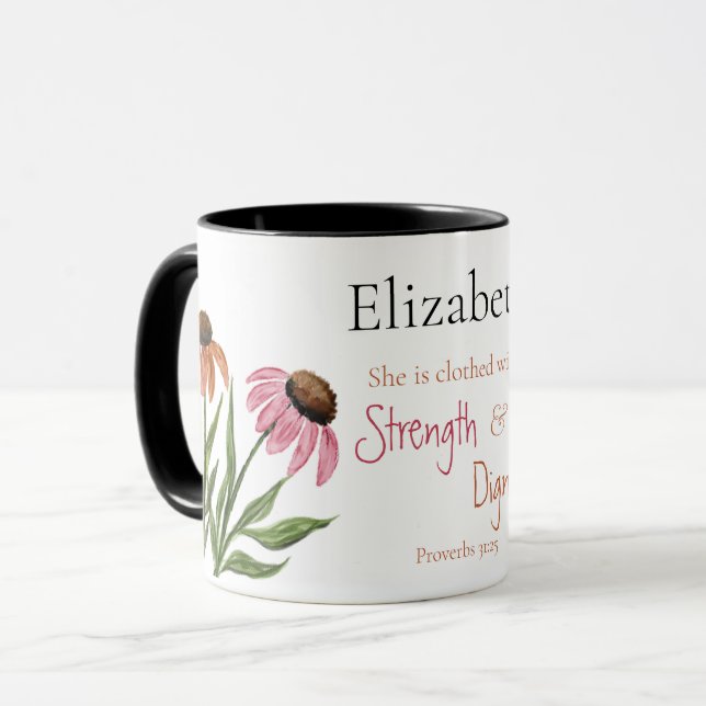 Taza Proverbios 31:25 Fuerza y Dignidad Fe Floral (Anverso izquierdo)