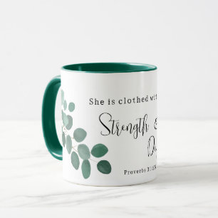 Taza Proverbios 31:25 Mujer de fe Eucalipto Escritura
