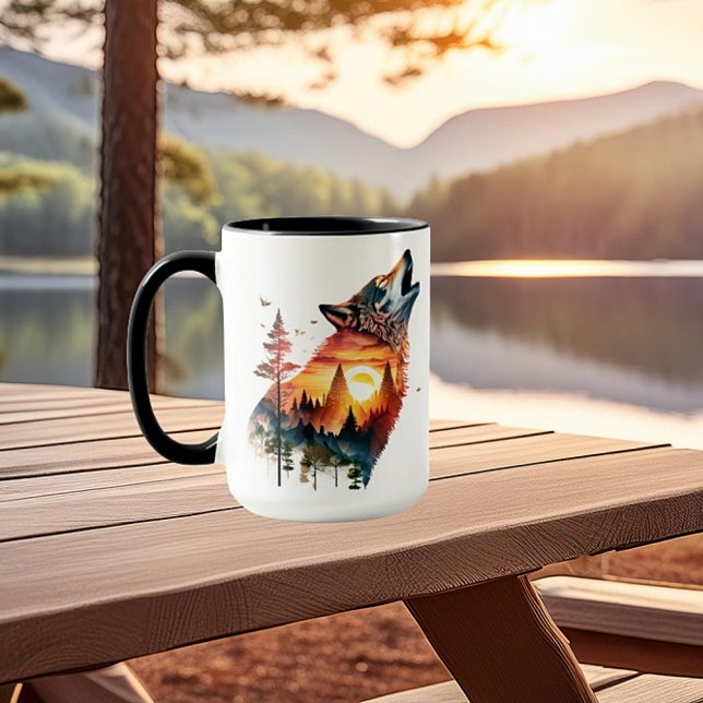 Taza Puesta de sol de doble exposición de lobo (Subido por el creador)