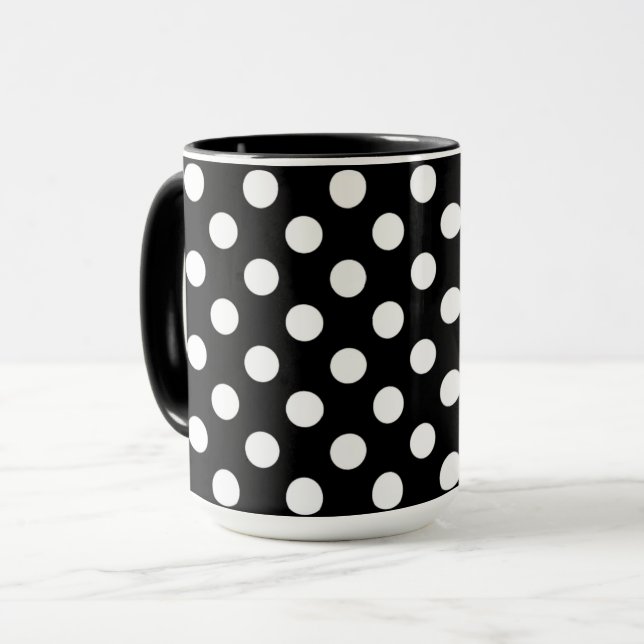 Taza Puestos de polka blanco grande y de diseño negro (Anverso izquierdo)