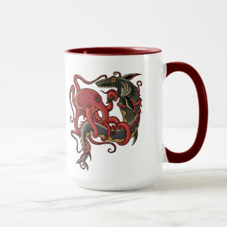 Taza pulpo luchando contra un tiburón