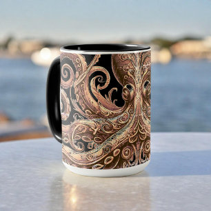 Taza Pulpo steampunk Kraken ornamentado dorado y negro