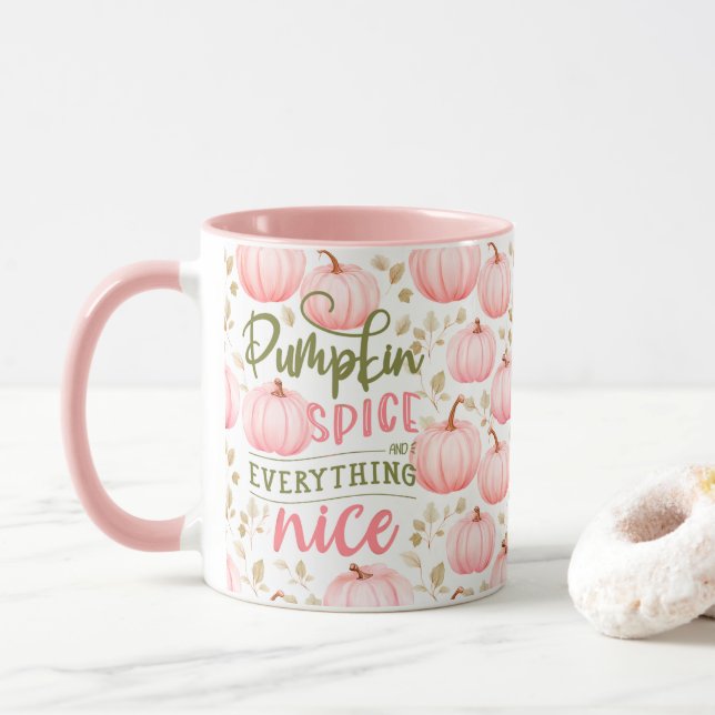 Taza Pumpkin Spice Everything Nice Pink Pattern Fall (Con donut)