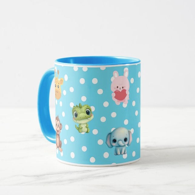 Taza Punto de Polka Azul con caracteres kawaii (Anverso izquierdo)