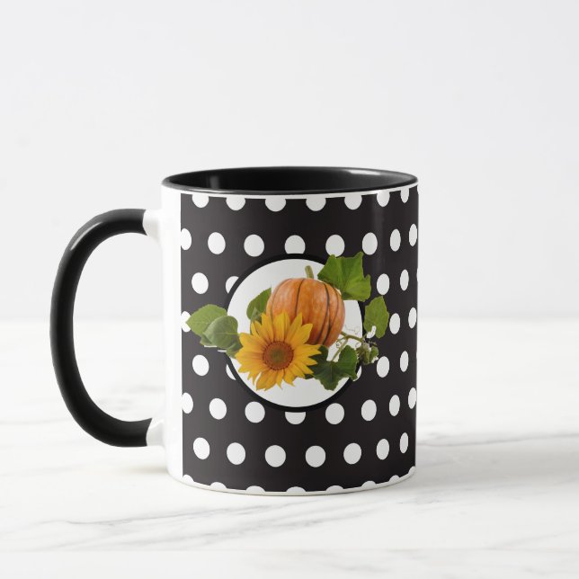 Taza Punto de Polka Blanco-Negro de girasol y calabaza (Izquierda)