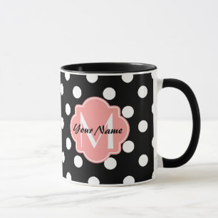Taza Puntos de polka blanco y negro con monograma rosa