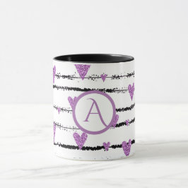 Taza Púrpura corazones rayas negras blanco monograma