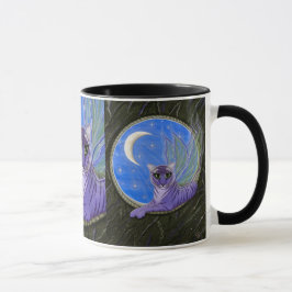 Taza púrpura del arte del gato de la fantasía del