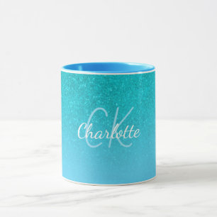 Taza purpurina azul verde azulado aqua mar verde monogr