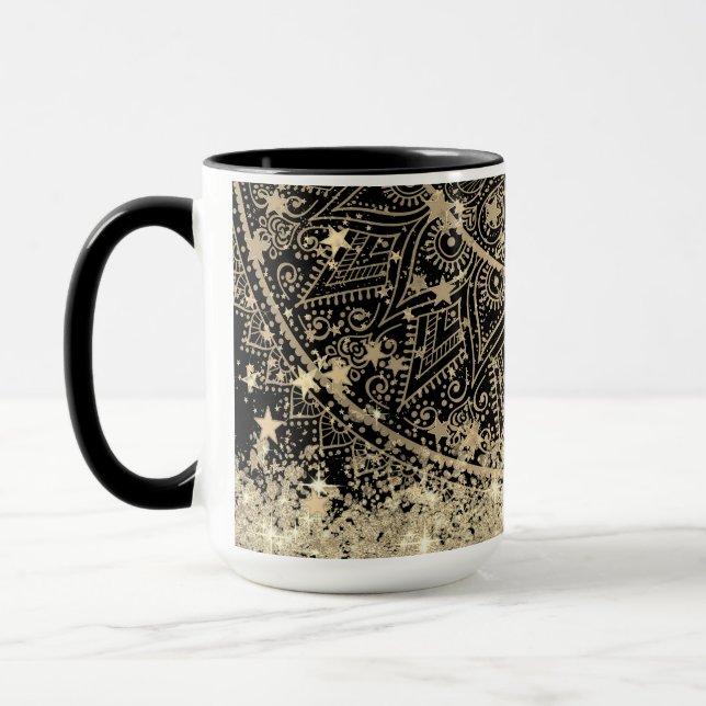 Taza Purpurina de Gold Lotus Mandala Gold Stars en negr (Izquierda)