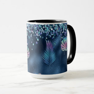 Taza Purpurina de imitación azul y hojas coincidentes
