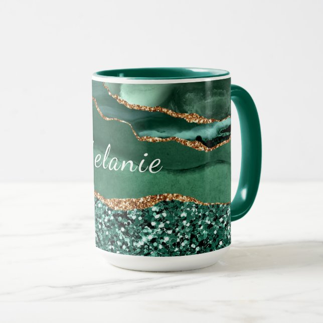Taza Purpurina de mármol de oro verde nombre personaliz (Anverso derecho)