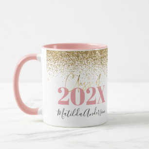 Taza purpurina de oro rosa graduación guión elegante 