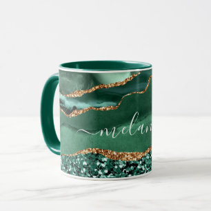 Taza Purpurina de oro verde Marble Nombre personalizado