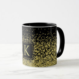 Taza Purpurina Monograma Negro y Oro Café Elegante