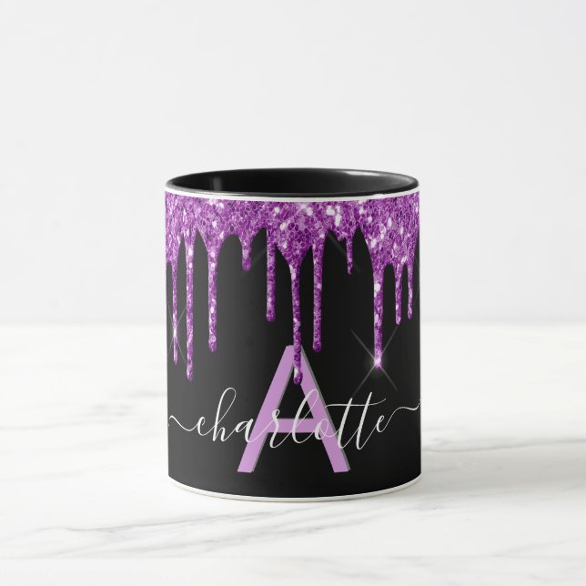 Taza Purpurina morado negro gotea sobre el guión de nom (Centro)