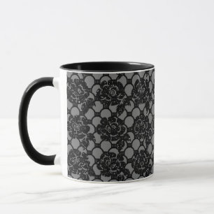 Taza Purpurina negro romántico encaje floral y gris
