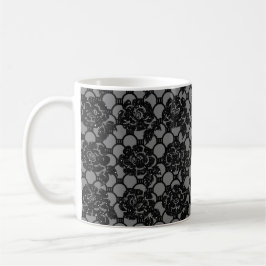 Taza Purpurina negro romántico encaje floral y gris