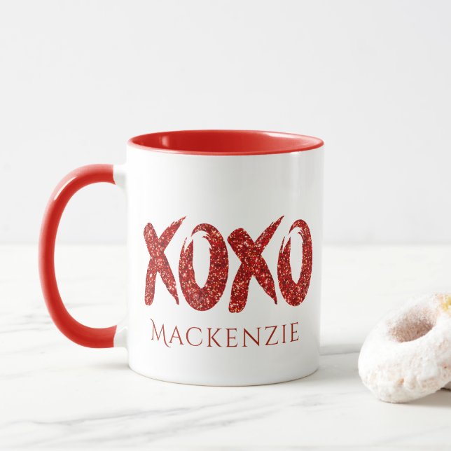 Taza Purpurina rojo XOXO | Glam Brushstrot Hug and Kiss (Con donut)