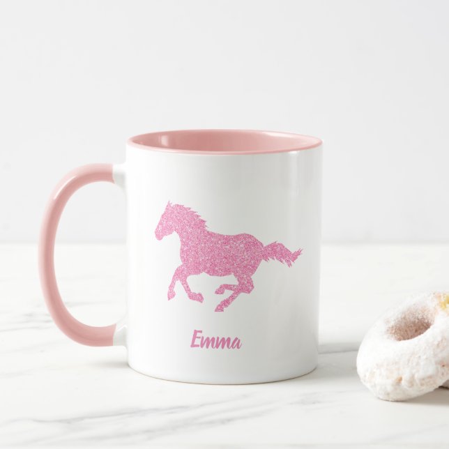 Taza Purpurina Rosa Caballo Niña Pequeña Nombre Animal (Con donut)