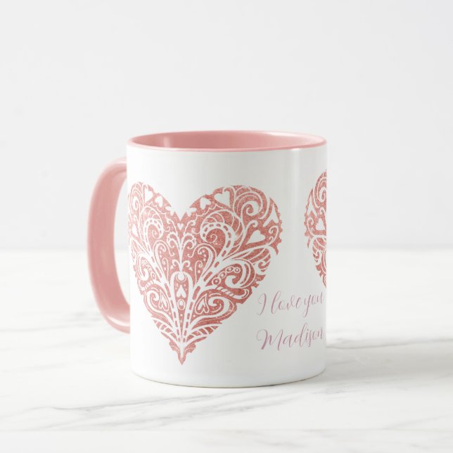 Taza Purpurina rosa Filigree Personalizado Valentina Mu (Anverso izquierdo)