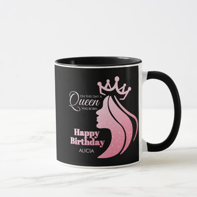 Taza Purpurina Rosa Reina Corona Negro Feliz cumpleaños (Derecha)