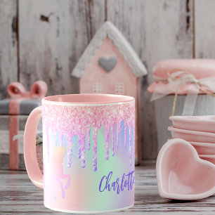 Taza Purpurina rosa unicornio gotea nombre morado holog
