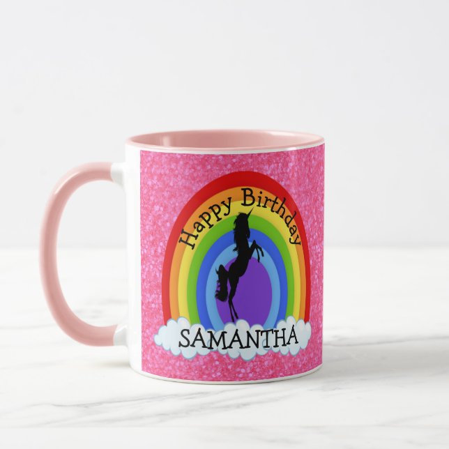 Taza Purpurina rosa unicornio negro feliz cumpleaños (Izquierda)
