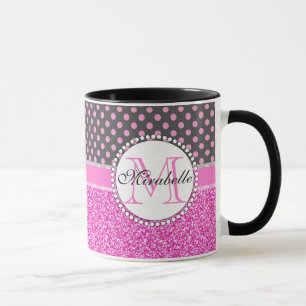 Taza Purpurina rosado y puntos de polka rosado con nomb