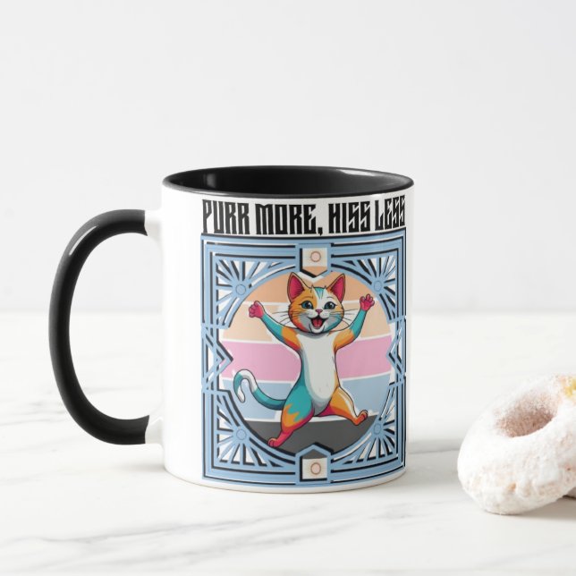 Taza Purr more Hiss less - Graciosa Mug Cat para los am (Con donut)