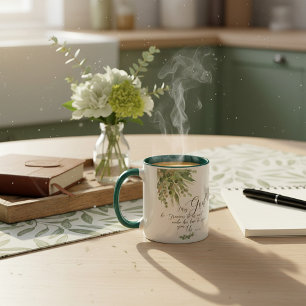 Taza Que Dios sea misericordioso, hojas verdes y dorada