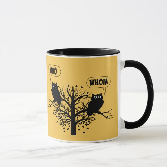 Taza Quién que búhos del humor de la gramática (Derecha)