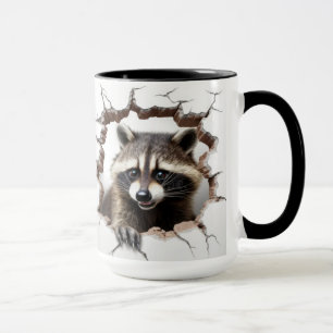 Taza racoon en una pared rota