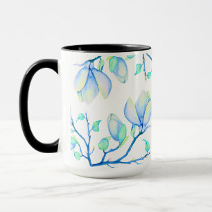 Taza Rama de magnolia acuarela azul verde botánica